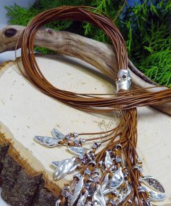 Brown Leather with Matte Silver Drops Lariat Necklace