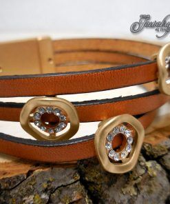 Multi-Strand Tan Leather Gold Stainless Steel Circles 8" Bracelet