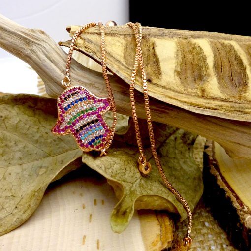 Multi-Colored Crystal Hamsa Rose-Gold Bracelet 1