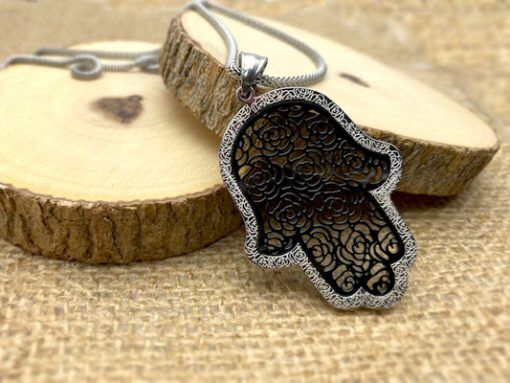 Stainless Steel Hamsa with Black Filigree-Style Rose Pattern Pendant 19″ Necklace 1