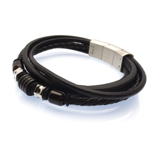 Multi-Strand Black Leather & Stainless Steel Geo-Inspired Beads Gothic Bracelet 1